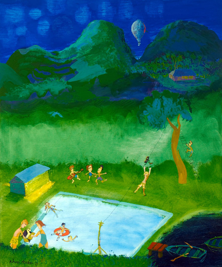 Pool at Fox Landing, Pinski's Travelling Dive Troupe Arriving large painting